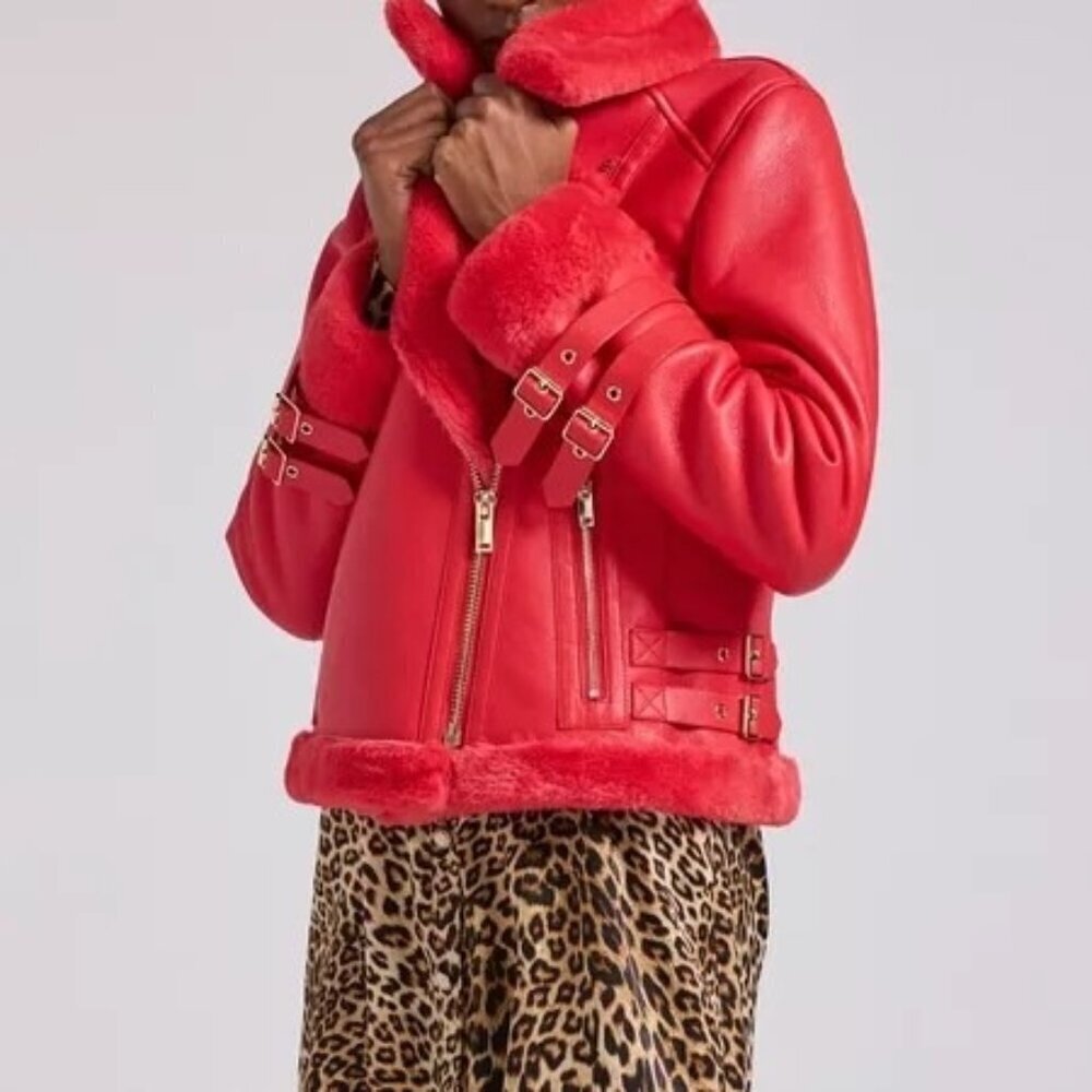 NWT Generation Love Dion Faux Fur Shearling Moto Jacket Red Size XXS